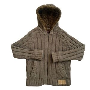 Schott NYC Military Gear Moss Green Cable Knit Wool Blend Fur Lined Jacket Small